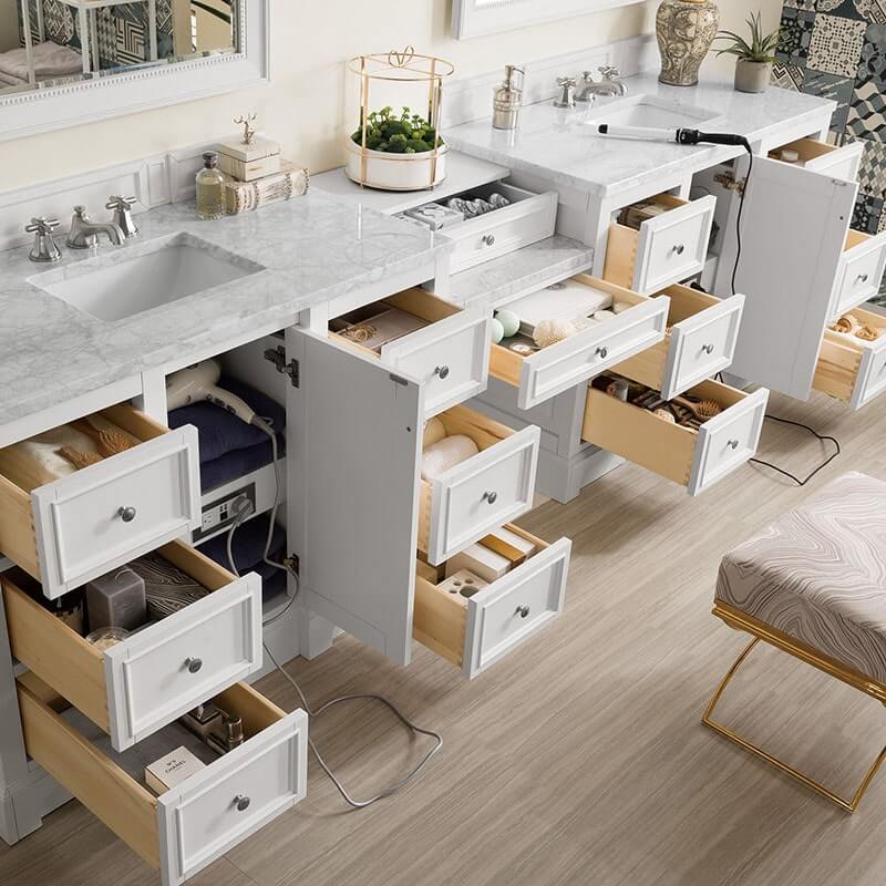 James Martin De Soto 118 Inch Double Vanity Bright White Open Drawers