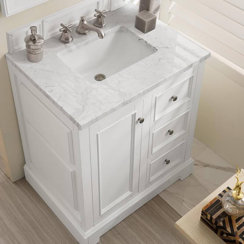 James Martin De Soto 30 Inch Single Vanity in Bright White With Carrara Marble Top