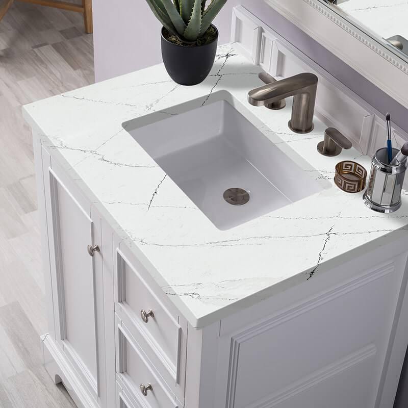 James Martin De Soto 30 Inch Single Vanity in Bright White With Ethereal Noctis Silestone Top