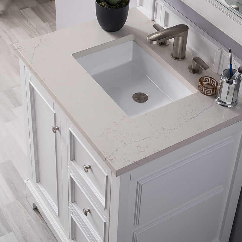 James Martin De Soto 30 Inch Single Vanity in Bright White With Siberian Silestone Top