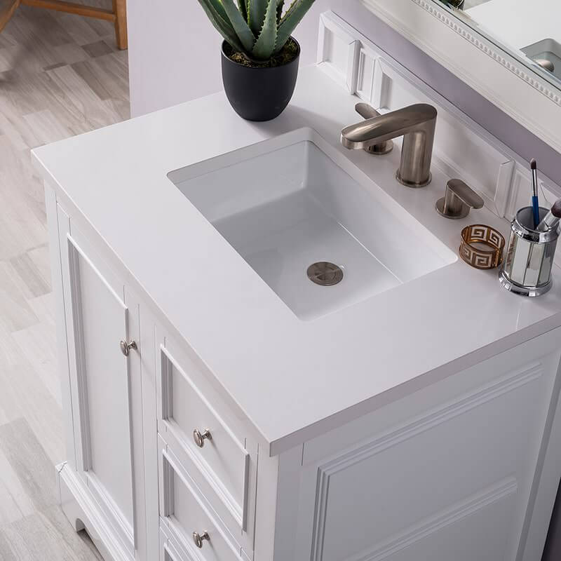 James Martin De Soto 30 Inch Single Vanity in Bright White With White Zeus Silestone Top
