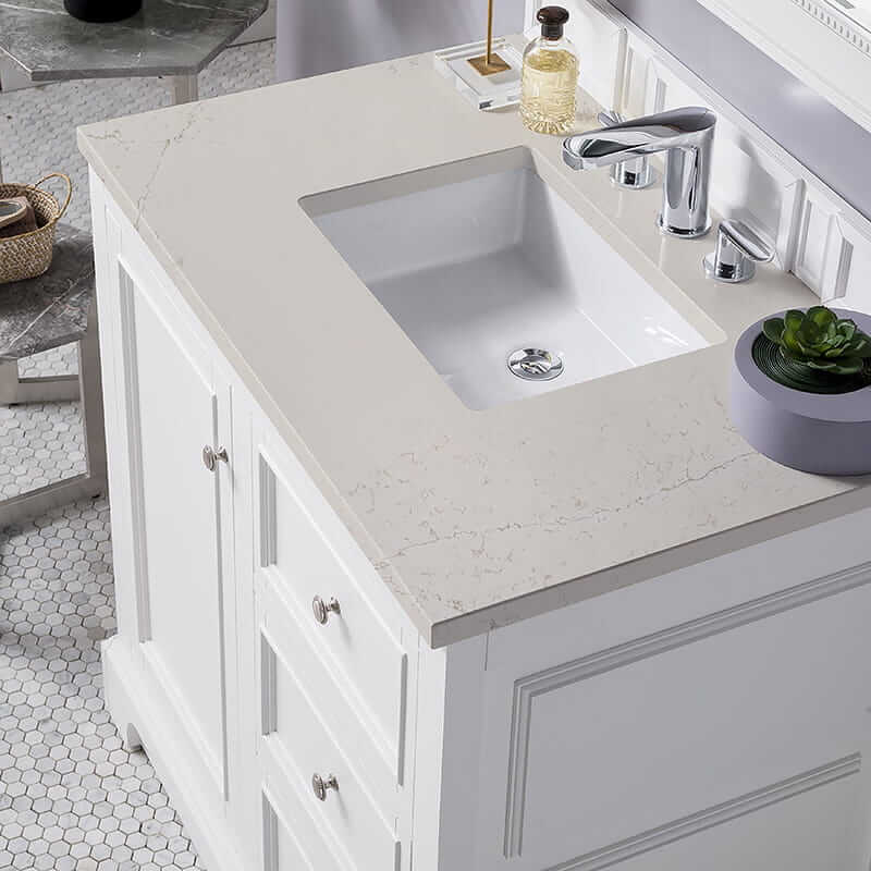James Martin De Soto 36 Inch Single Vanity in Bright White With Siberian Silestone Top