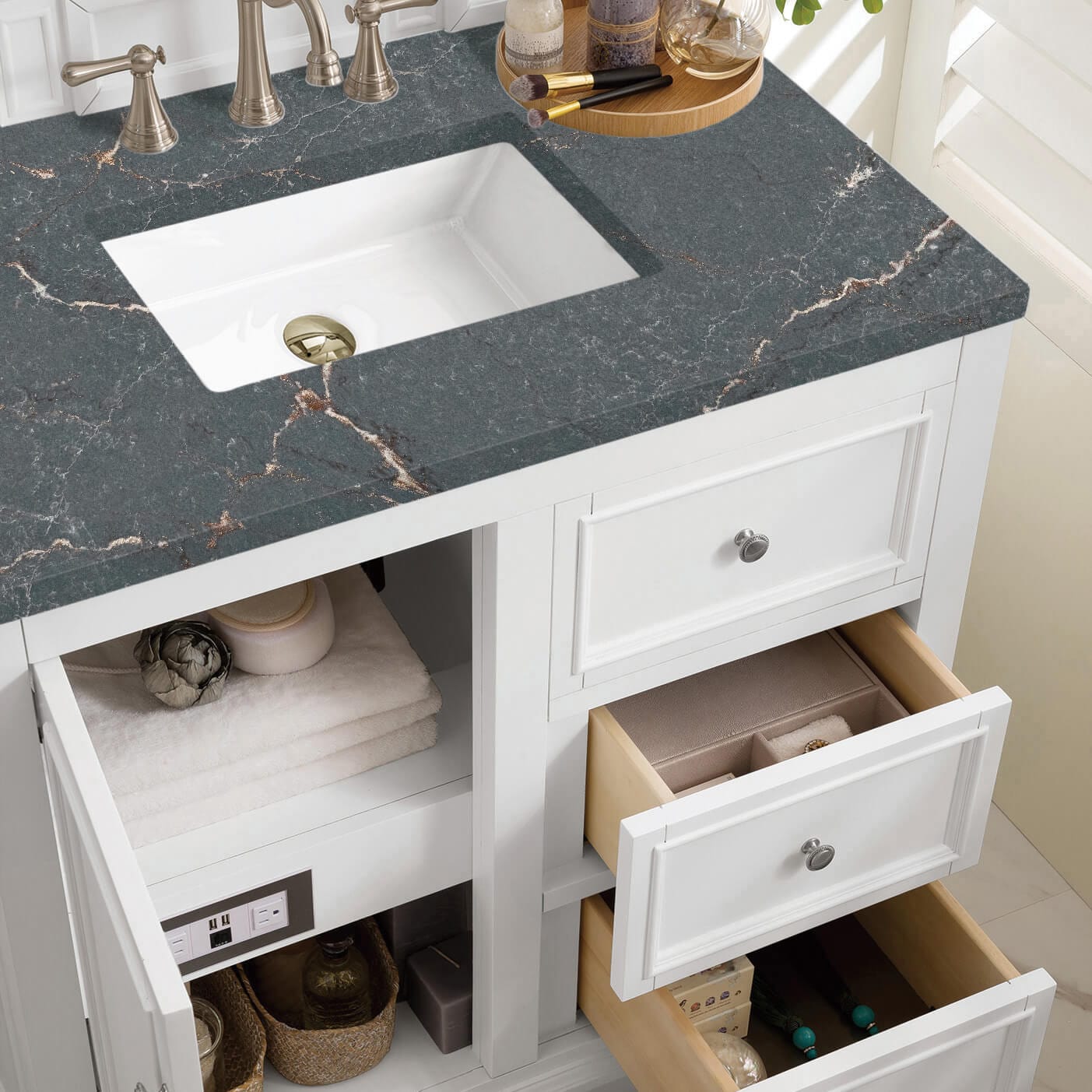 James Martin De Soto 36" Single Vanity Bright White With Parisien Bleu Silestone Top lime Delight Silestone Top