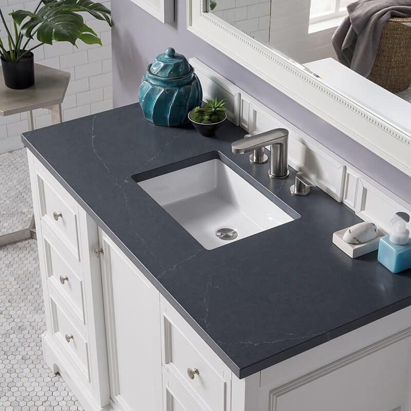 James Martin De Soto 48 Inch Single Vanity Bright White With Charcoal Soapstone Sile stone Top
