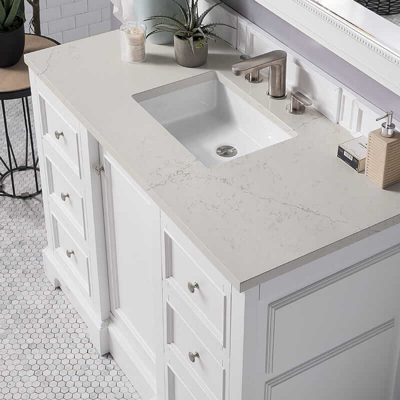 James Martin De Soto 48 Inch Single Vanity in Bright White With Siberian Silestone Top