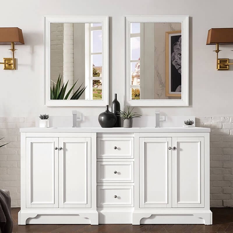 James Martin DE Soto 72 Inch Double Vanity Bright White With White Zeus Silestone Top Backsplash
