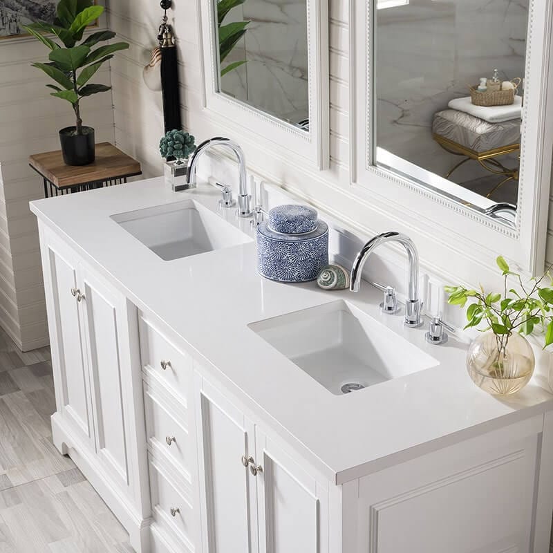 James Martin DE Soto 72 Inch Double Vanity Bright White With White Zeus Silestone Top