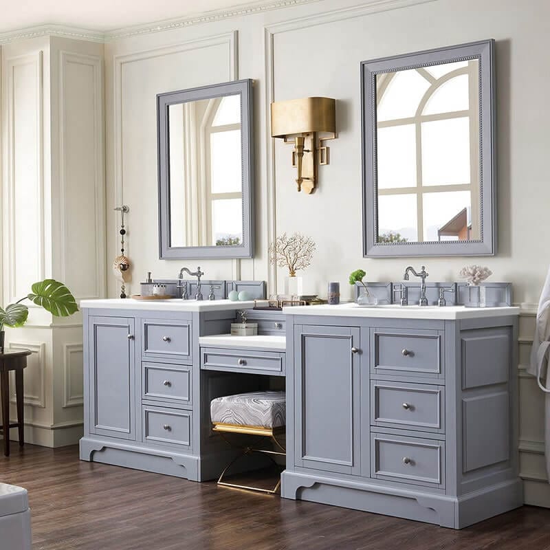 James Martin De Soto 94" Double Vanity Set Silver Gray With White Zeus Silestone Top