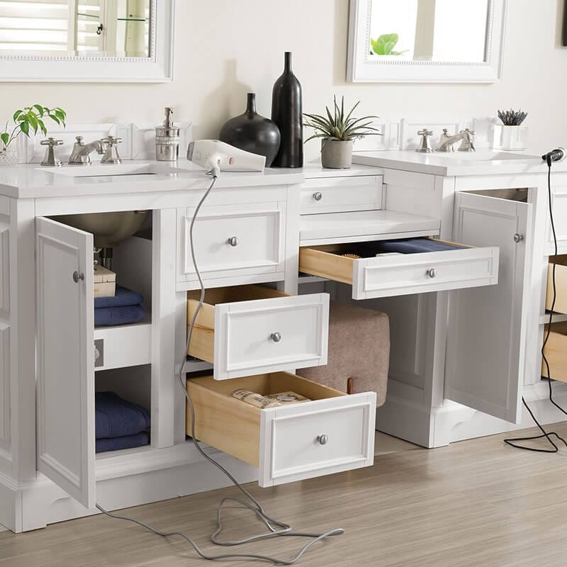 James Martin DE Soto 94 Inch Double Vanity Set Bright White With White Zeus Silestone Top