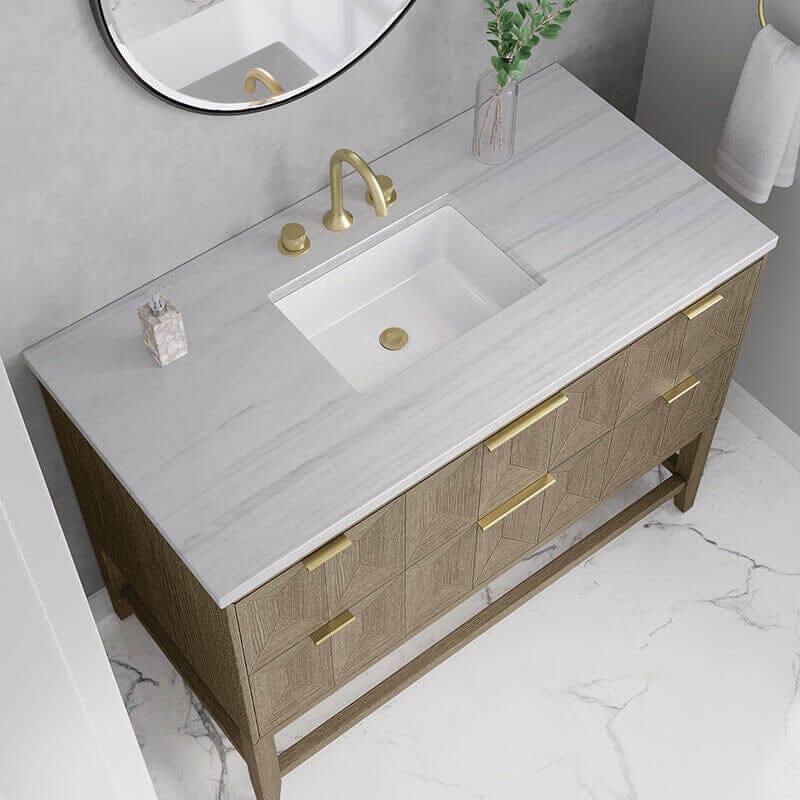 James Martin Emmeline 48 Inch Single Vanity Pebble Oak Arctic Fall Solid Surface Top