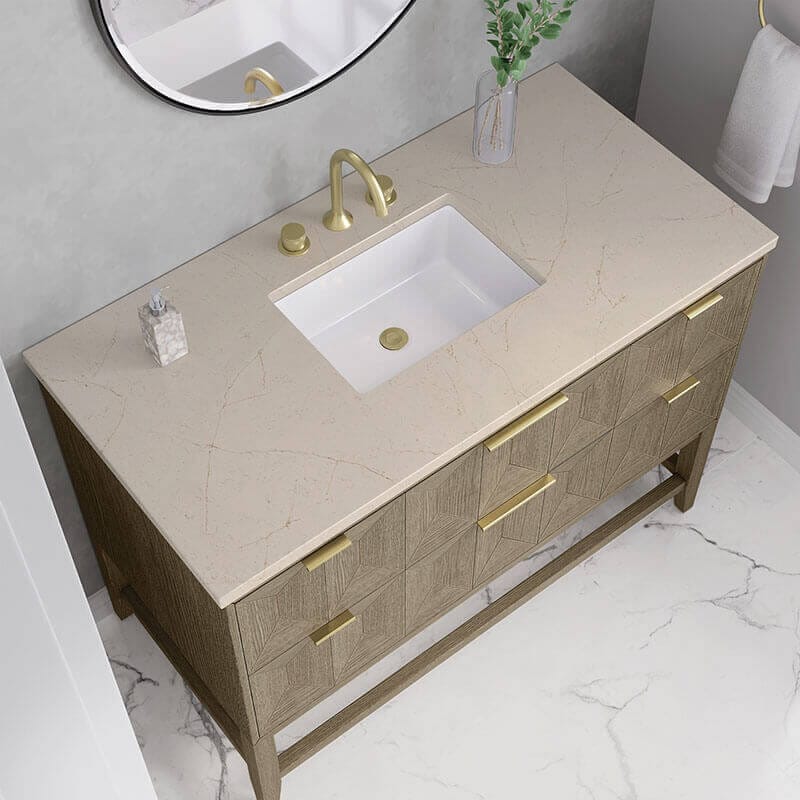 James Martin Emmeline 48 Inch Single Vanity Pebble Oak Eternal Marfil Silestone Top
