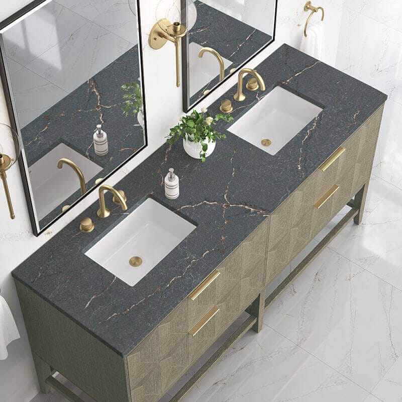 James Martin Emmeline 72 Inch Double Vanity Pebble Oak Parisien Bleu Top