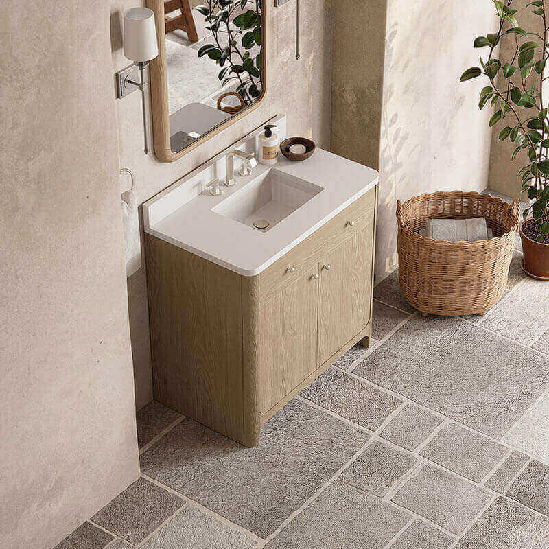 James Martin Gracyn 36 Single Vanity Coastal Driftwood White Zeus Quartz Widespread Top