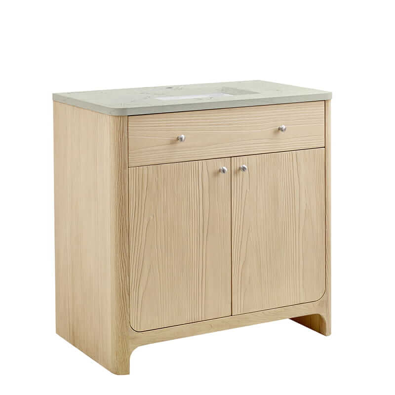 James Martin Gracyn 36" Single Vanity in Coastal Driftwood Corner View With Countertop