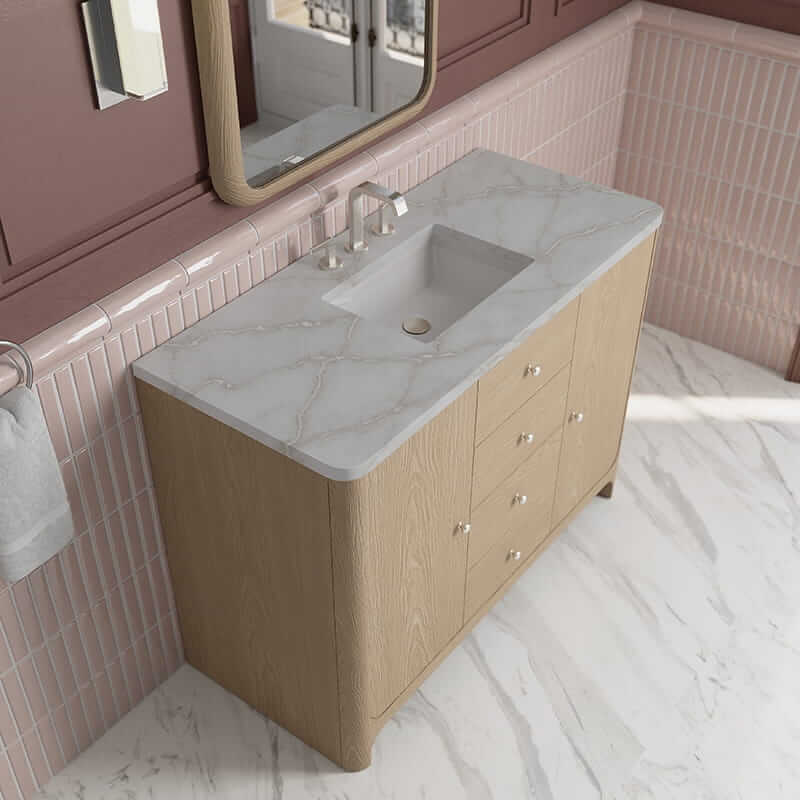 James Martin Gracyn 48 Inch Single Vanity in Coastal Driftwood With Victorian Silver Quartz Widespread Top