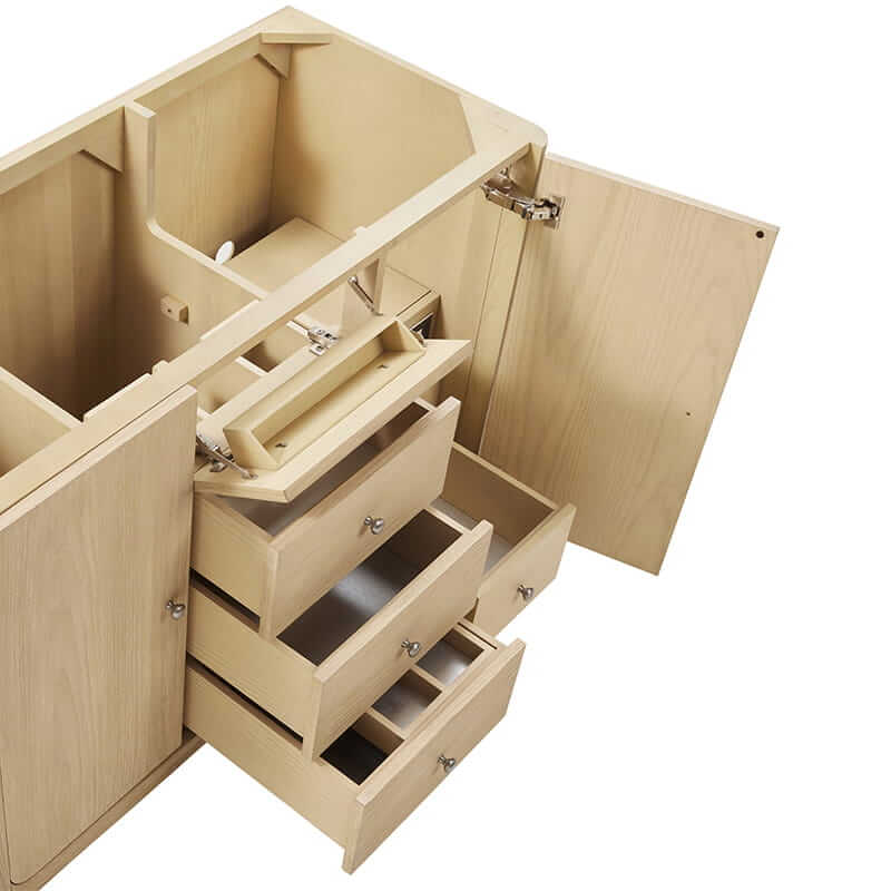 James Martin Gracyn 48" Single Vanity in Coastal Driftwood Top View Open Drawers