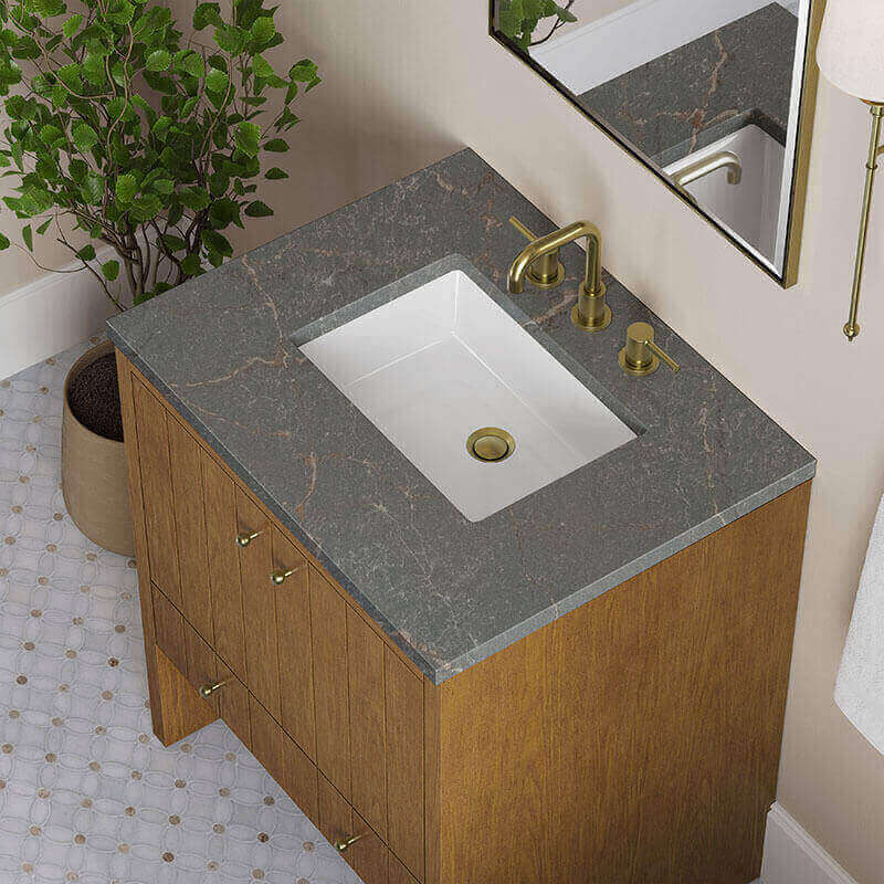 James Martin Hudson 30 Inch Single Vanity Honey Oak in Parisien Bleu Silestone Top