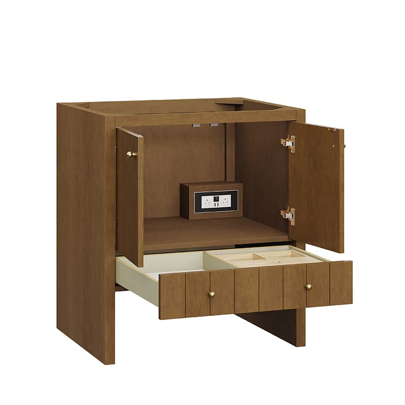 James Martin Hudson 30 Inch Single Vanity in Honey Oak Corner View Open Drawers