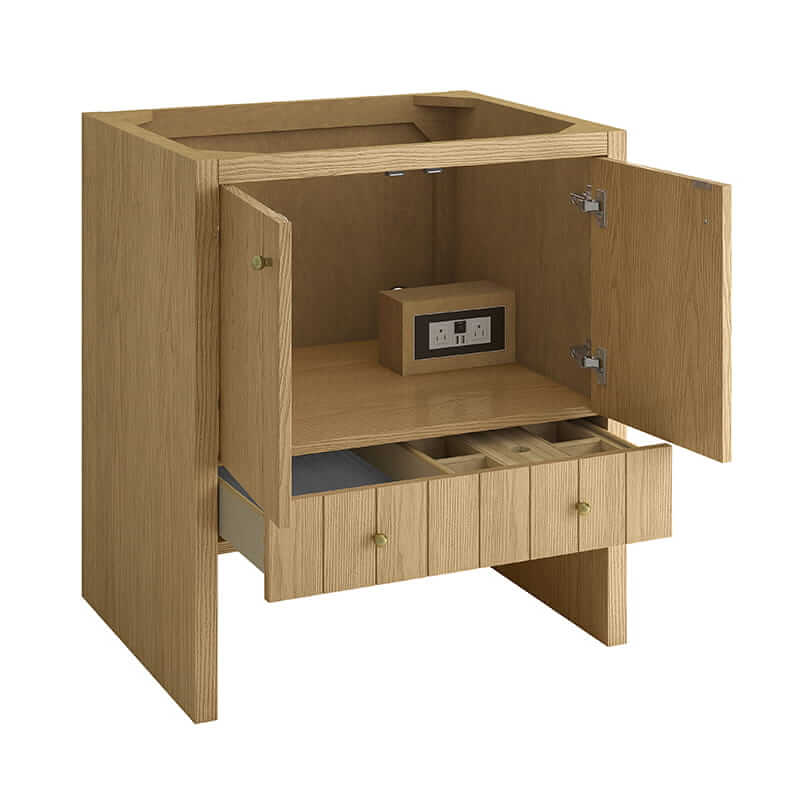 James Martin Hudson 30 Inch Single Vanity in Light Natural Oak Corner View Open Drawers