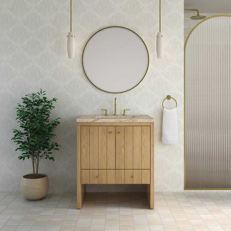 James Martin Hudson 30 Inch Single Vanity in Light Natural Oak With Tajnar Eclos Top Front View Lifestyle