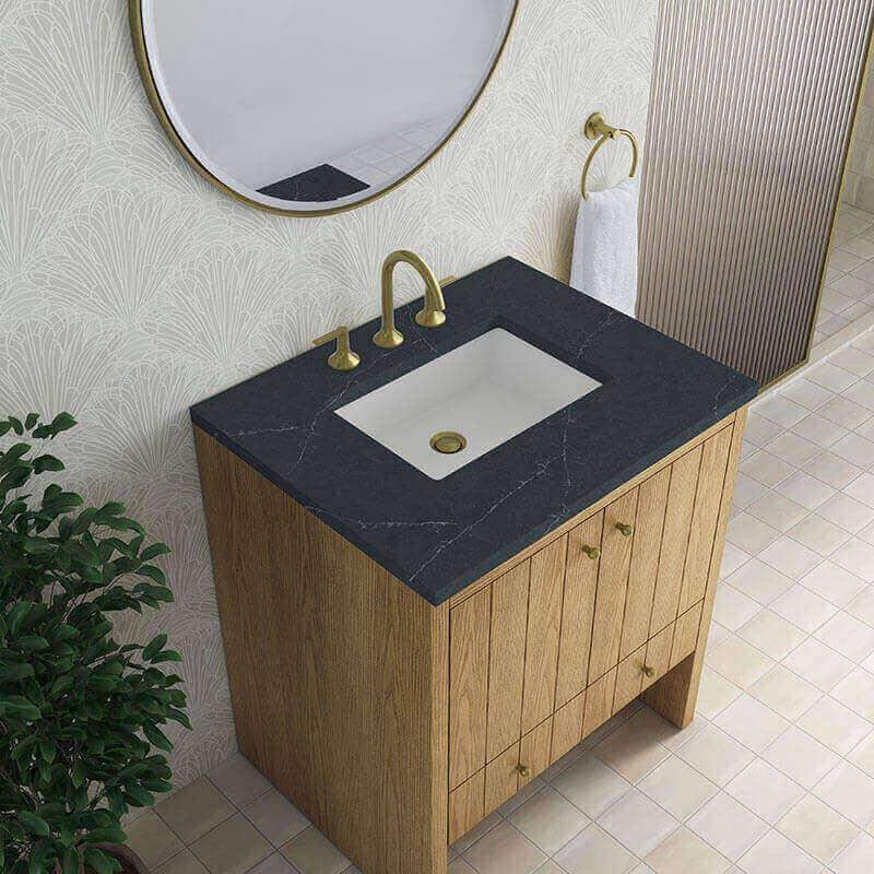 James Martin Hudson 30 Single Vanity Natural Oak in Charcoal Soapstone Silestone Top