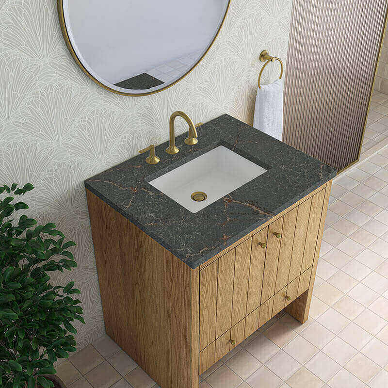 James Martin Hudson 30 Single Vanity Natural Oak in Parisien Bleu Silestone Top