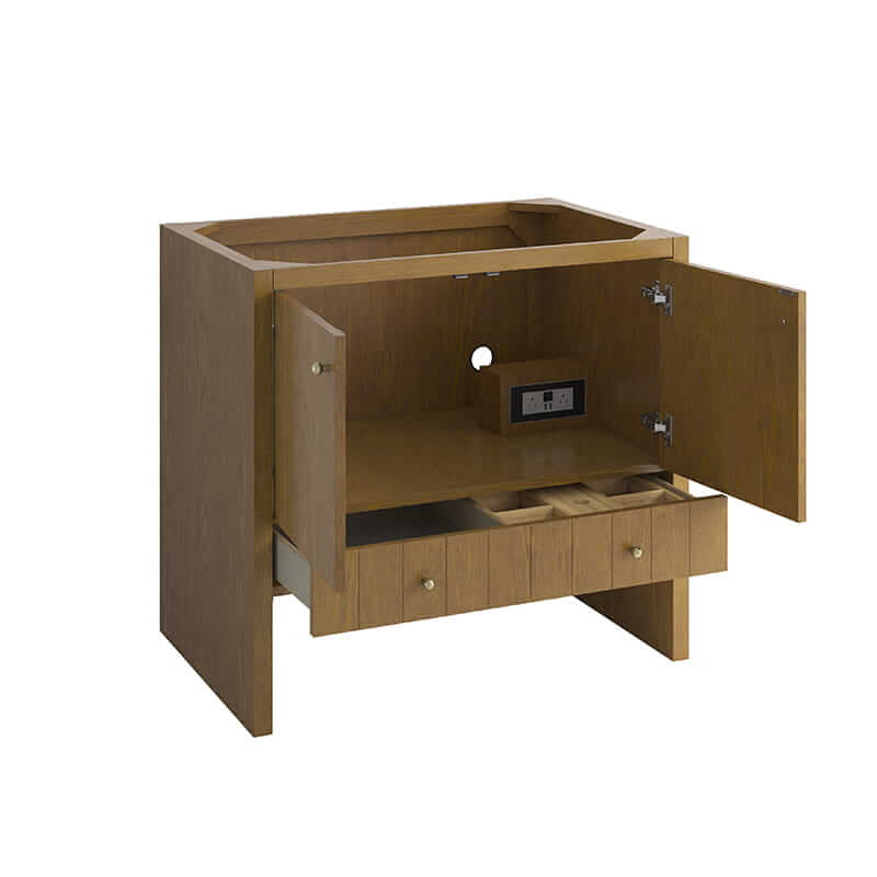 James Martin Hudson 36 Inch Single Vanity in Honey Oak Corner View Open Drawers