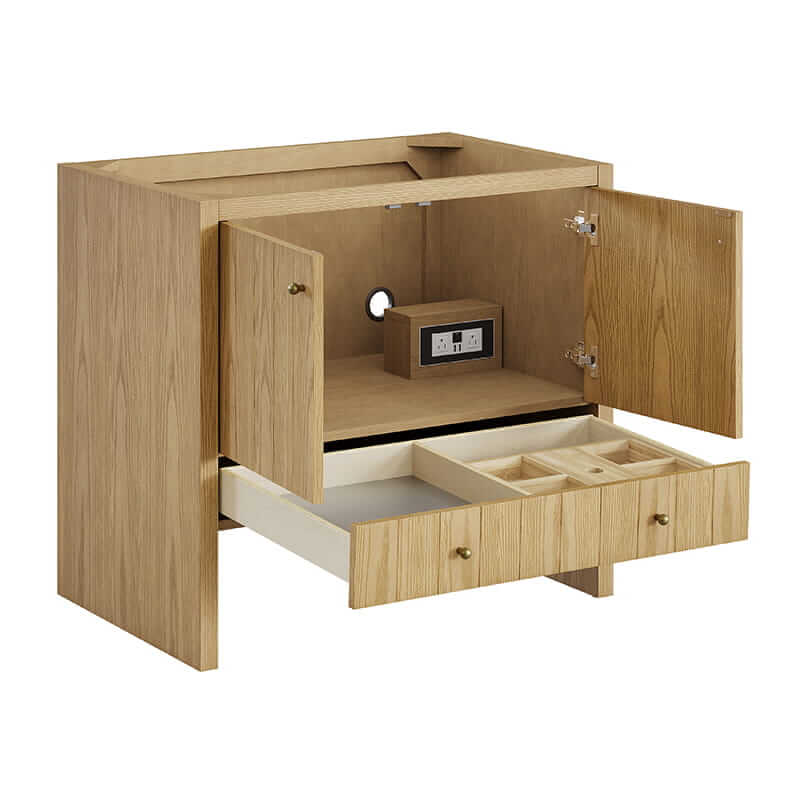 James Martin Hudson 36 Inch Single Vanity in Light Natural Oak Corner View Open Drawers