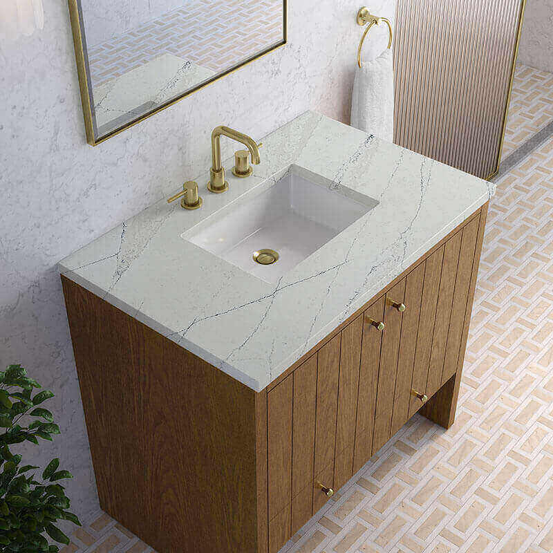 James Martin Hudson 36 Single Vanity Honey Oak in Ethereal Noctis Silestone Top