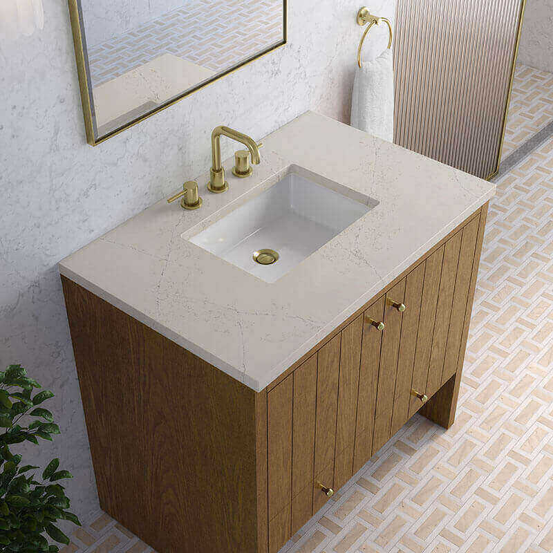 James Martin Hudson 36 Single Vanity Honey Oak in Siberian Silestone Top