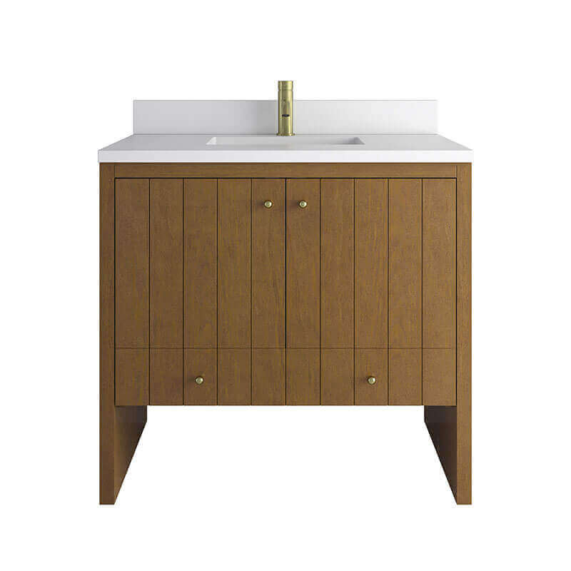 James Martin Hudson 36 Single Vanity Honey Oak in Single Hole Faucet White Zeus Silestone Top & Backsplash