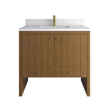 James Martin Hudson 36 Single Vanity Honey Oak in Single Hole Faucet White Zeus Silestone Top & Backsplash