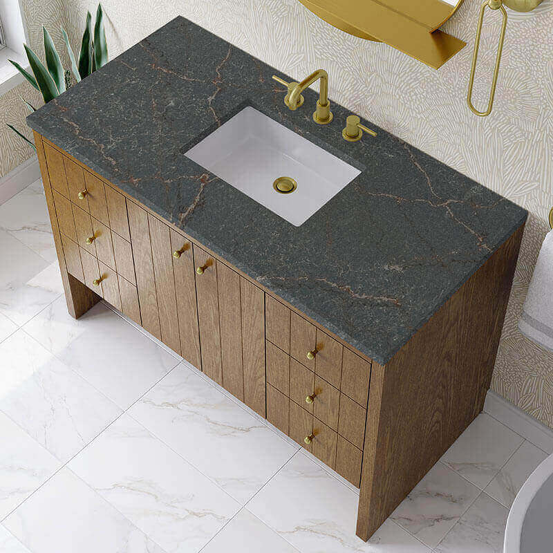 James Martin Hudson 48 inch Single Vanity Honey Oak in Parisien Bleu Silestone Top