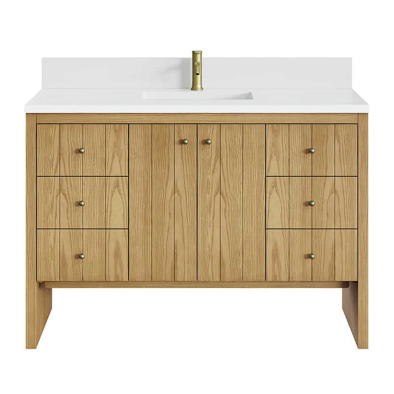 James Martin Hudson 48" Single Vanity in Light Natural Oak With Single Hole Faucet White Zeus Silestone Top Backsplash
