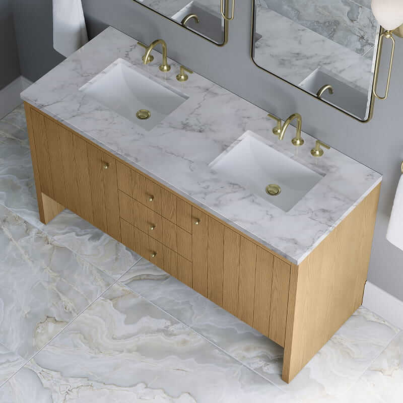 James Martin Hudson 60" Double Vanity in Light Natural Oak With Carrara Marble Top