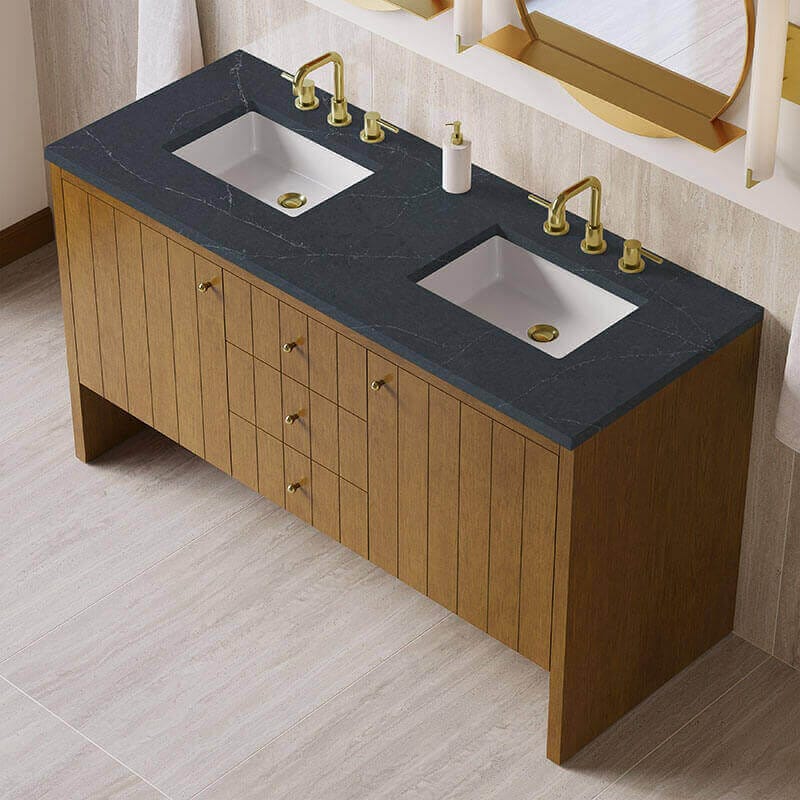 James Martin Hudson 60 inch Double Vanity Honey Oak in Charcoal Soapstone Silestone Top