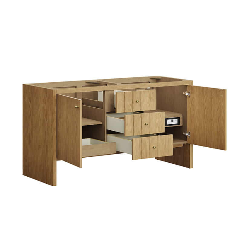James Martin Hudson 60 Inch Double Vanity in Light Natural Oak Corner View Open Drawers