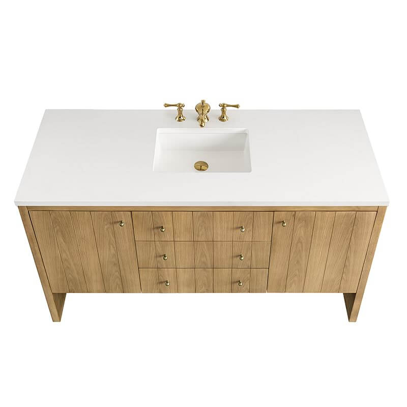 James Martin Hudson 60" Single Vanity in Light Natural Oak Top Front View With Countertop and Faucet