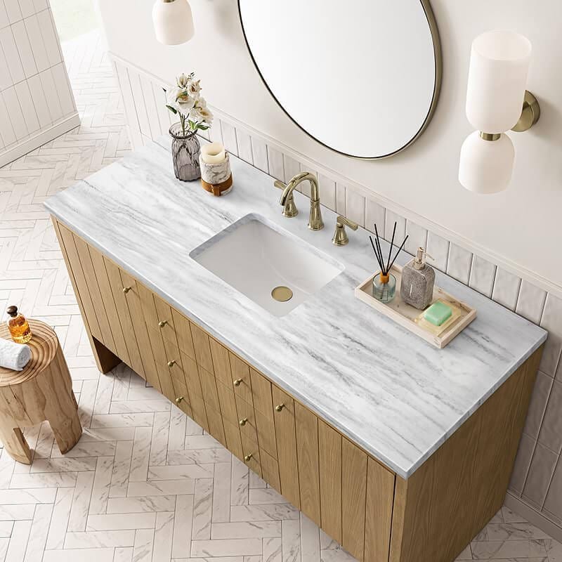 James Martin Hudson 60" Single Vanity in Light Natural Oak With Arctic Fall Top