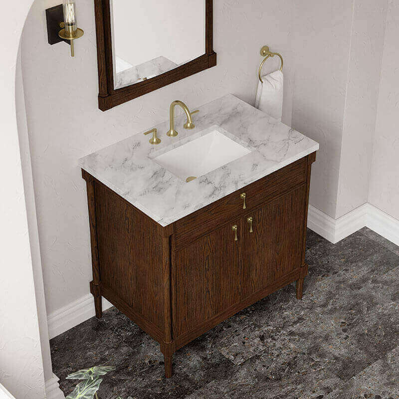 James Martin Kinnsden 36 Inch Single Vanity Sable Oak in Carrara White Marble Top