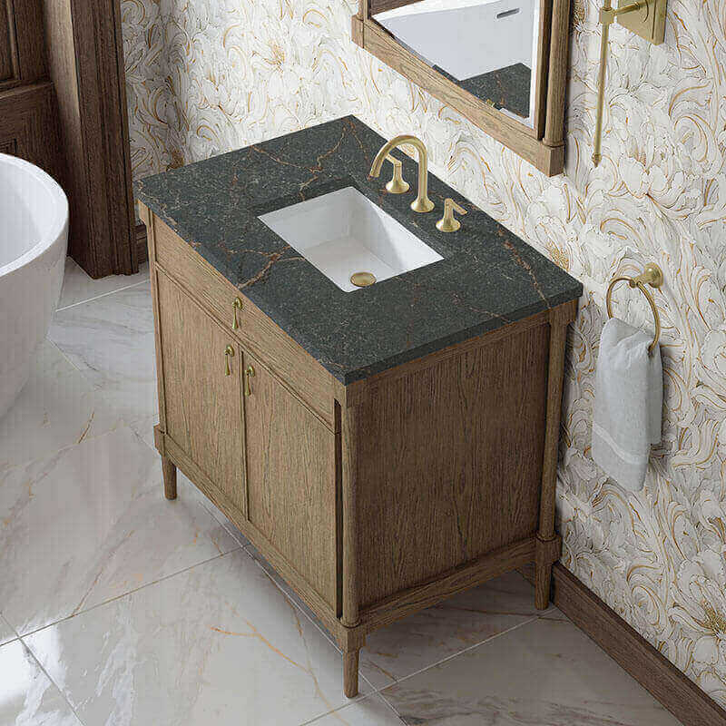 James Martin Kinnsden 36 Inch Single Vanity Weathered Oak in Parisien Bleu Silestone Top