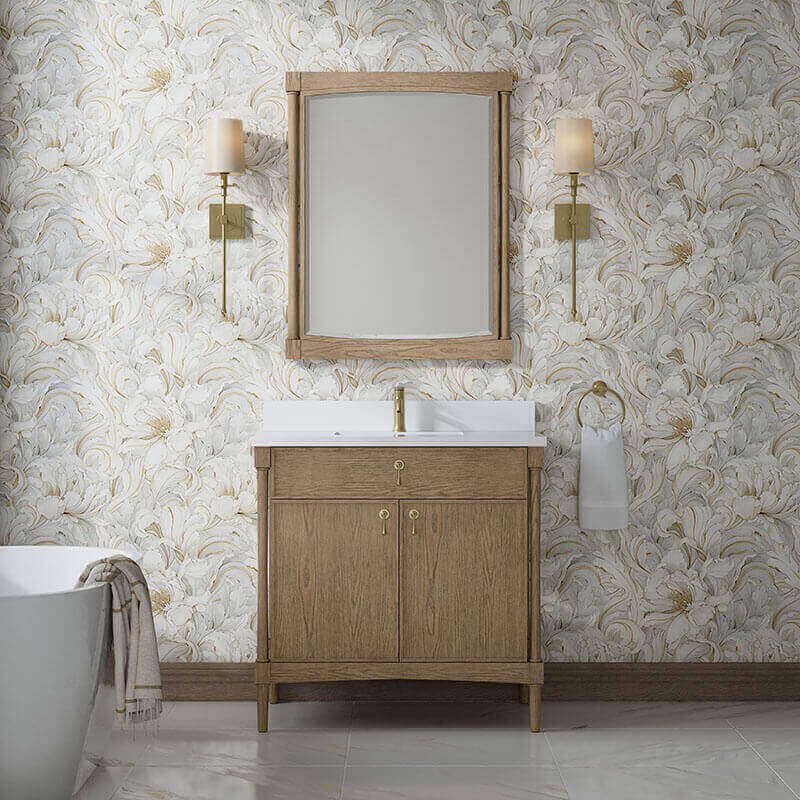 James Martin Kinnsden 36 Inch Single Vanity Weathered Oak in Single Hole Faucet White Zeus Silestone Top & Backsplash