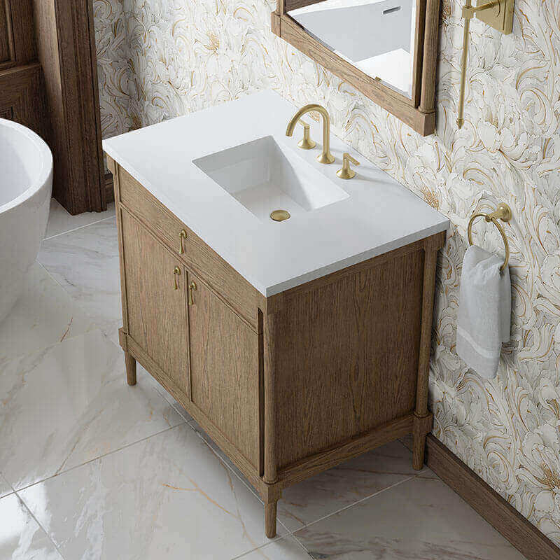 James Martin Kinnsden 36 Inch Single Vanity Weathered Oak in  White Zeus Silestone Top