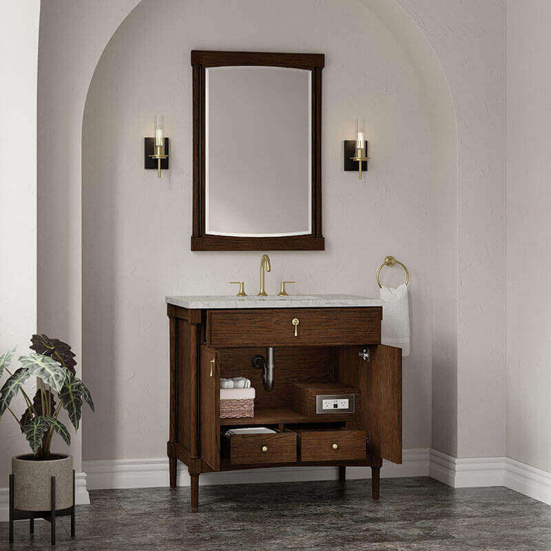 James Martin Kinnsden 36 Single Vanity Sable Oak in Eternal Jasmine Pearl Silestone Top Open Drawer