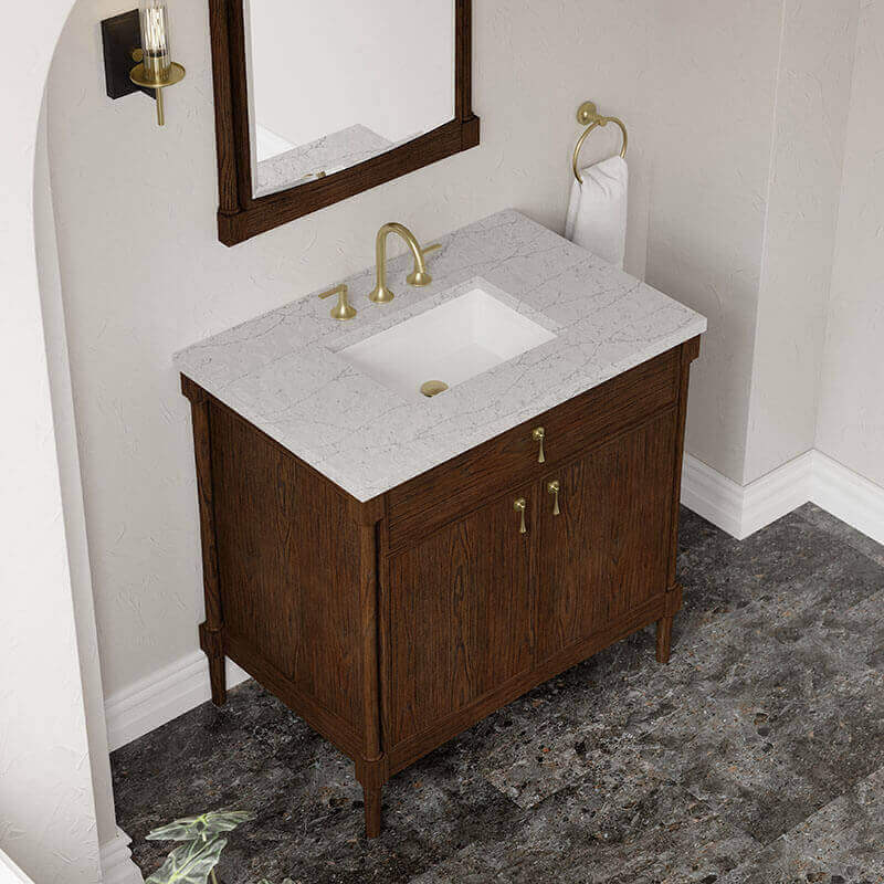 James Martin Kinnsden 36 Single Vanity Sable Oak in Eternal Jasmine Pearl Silestone Top
