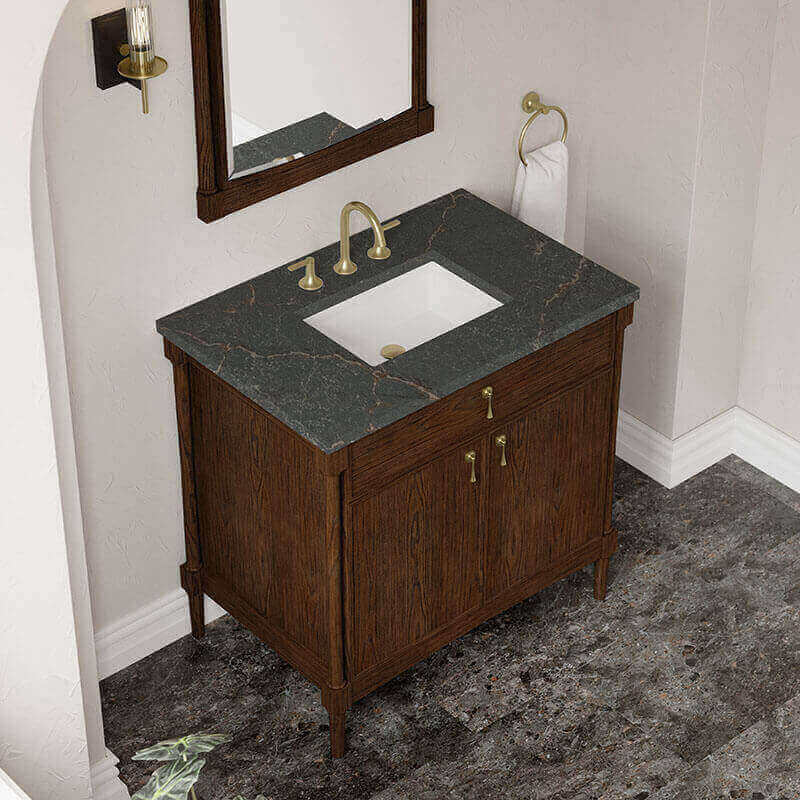 James Martin Kinnsden 36 Single Vanity Sable Oak in Parisien Bleu Silestone Top