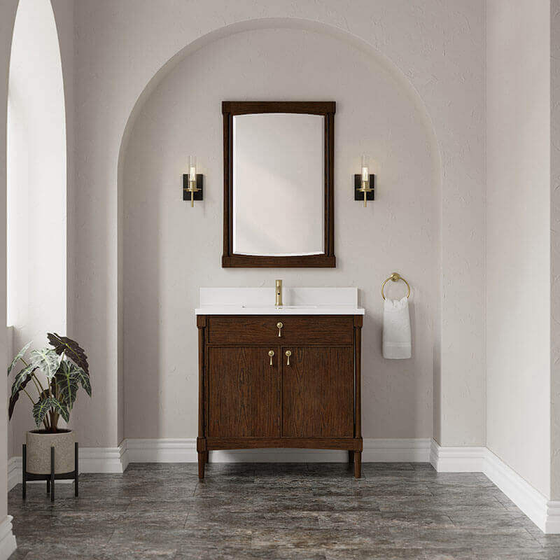 James Martin Kinnsden 36 Single Vanity Sable Oak in Single Hole Faucet White Zeus Silestone Top & Backsplash Front View