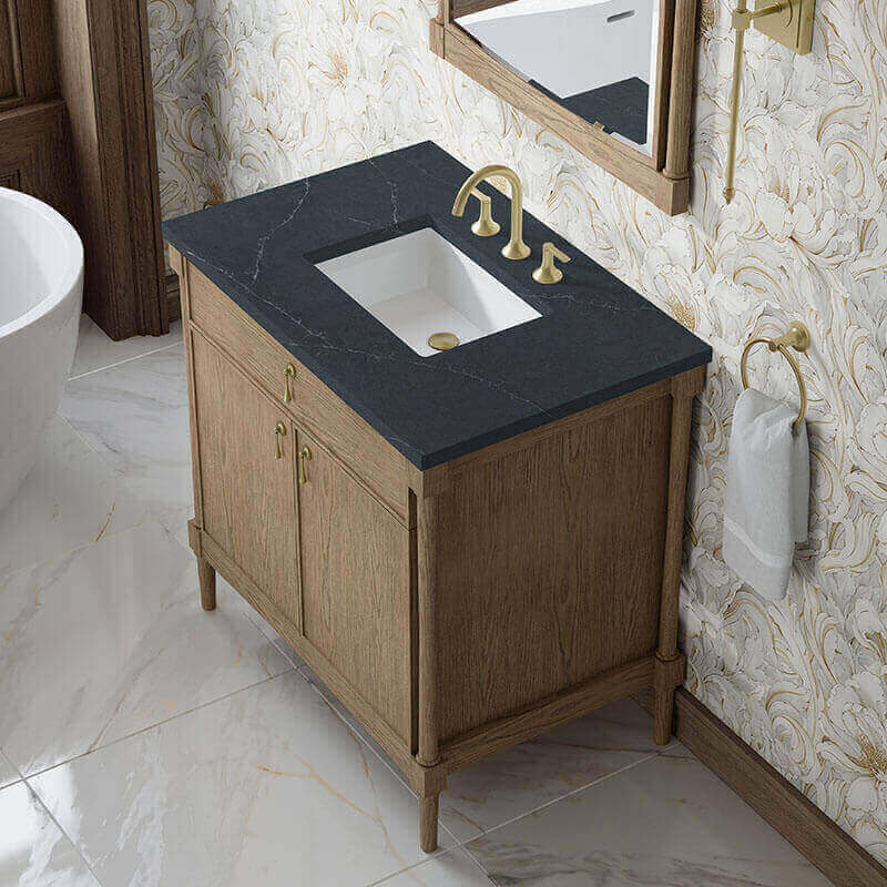James Martin Kinnsden 36 Single Vanity Weathered Oak in Charcoal Soapstone Silestone Top