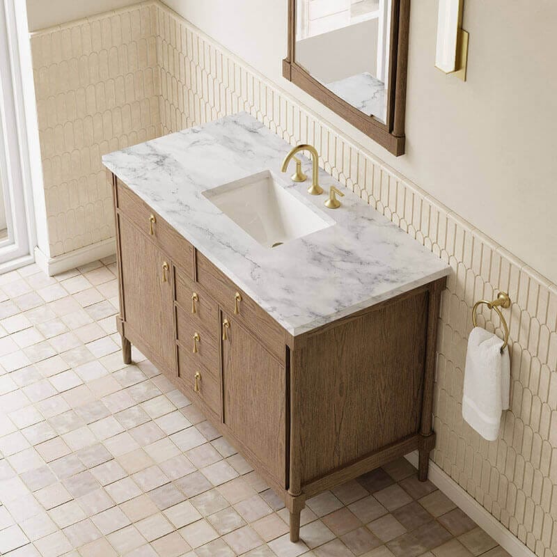 James Martin Kinnsden 48 Inch Single Vanity Weathered Oak in Carrara White Marble Top