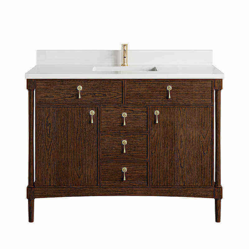 James Martin Kinnsden 48 Single Vanity Sable Oak in Single Hole Faucet White Zeus Silestone Top & Backsplash